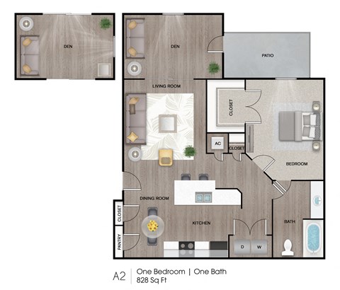 Floor plan for 1 bed, 1 bath, 828 sqft